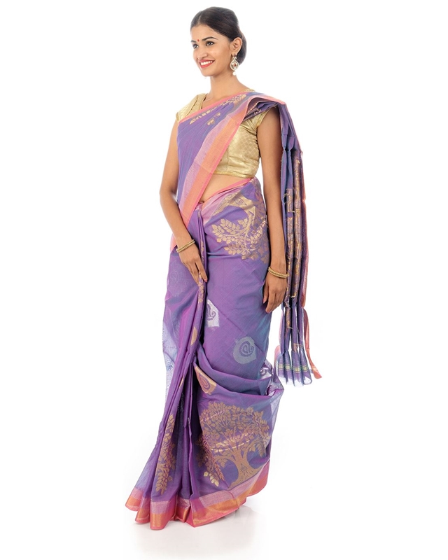 Picture of Mauve Colored Hand Woven Cotton Shari Crafted with Tree Design