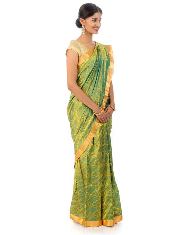 Picture of Teal Green Bangalore Silk Shari Crafted with Pattern Floral Zari Border