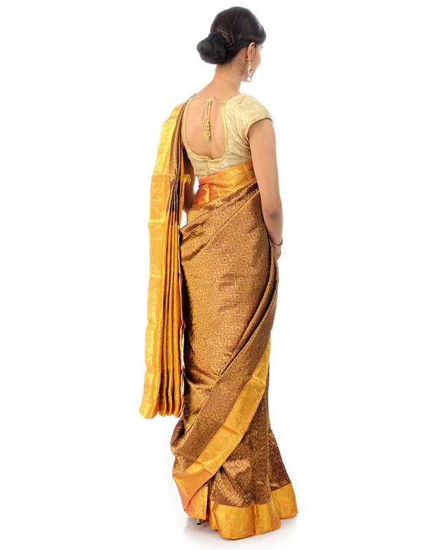 Picture of Yellow Color Banarasi Saree in Self & Pink Buta Design with Floral Tree Design Border 