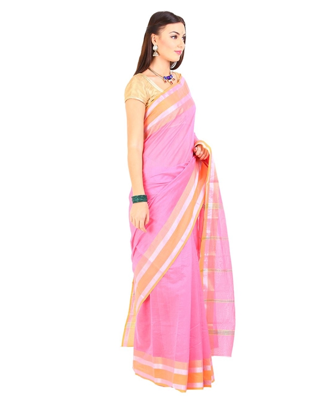 Picture of Shaded Pink Cotton Shari Woven with Contrast Zari Border