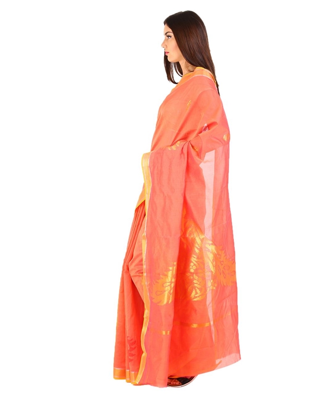 Picture of Flamed Orange Hand Woven Cotton Shari Crafted with Peacock Design