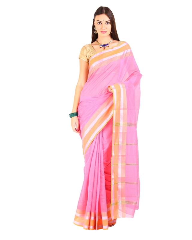 Picture of Shaded Pink Cotton Shari Woven with Contrast Zari Border