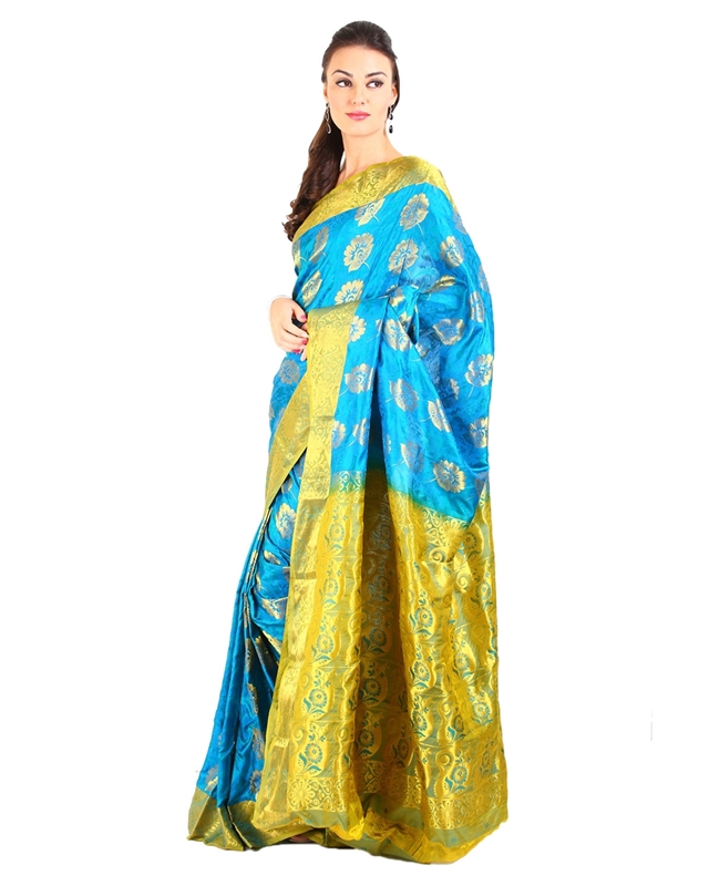 Picture of Sky Blue Color Mysore Silk Saree in Rich Floral Design with Green Zari Border