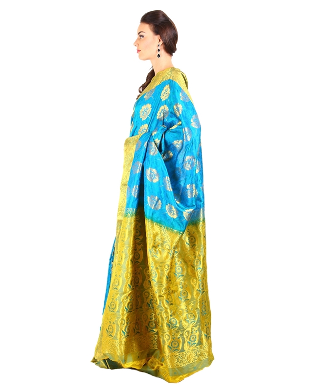 Picture of Sky Blue Color Mysore Silk Saree in Rich Floral Design with Green Zari Border