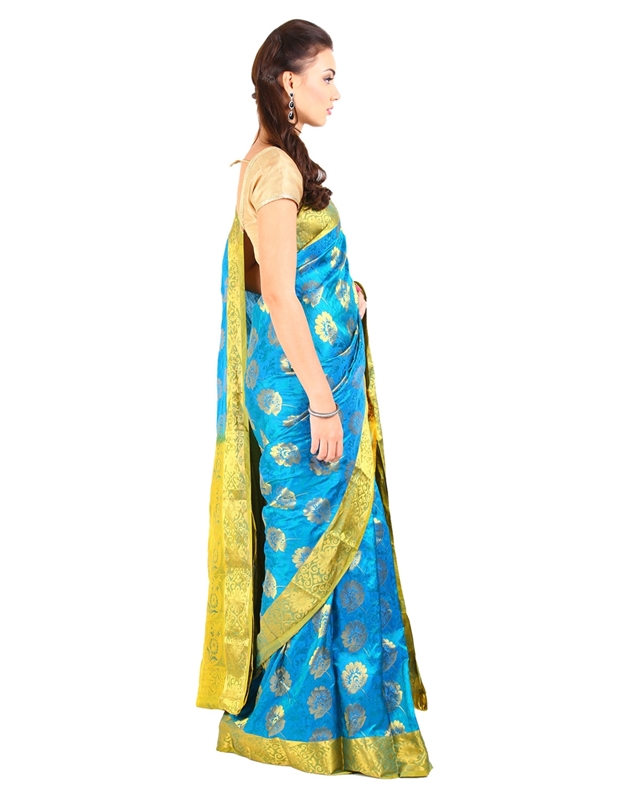 Picture of Sky Blue Color Mysore Silk Saree in Rich Floral Design with Green Zari Border