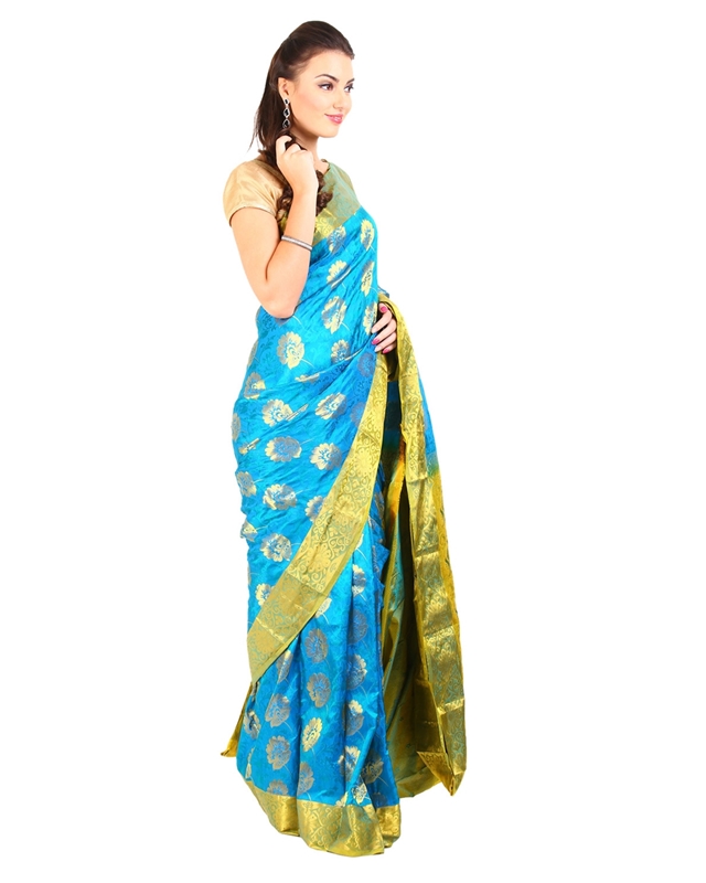 Picture of Sky Blue Color Mysore Silk Saree in Rich Floral Design with Green Zari Border