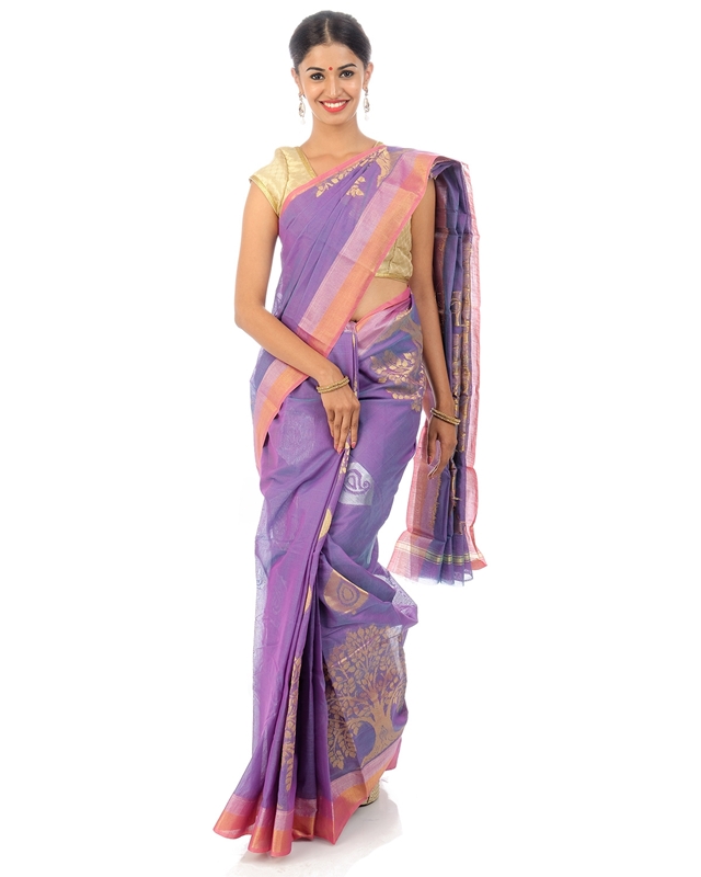 Picture of Mauve Colored Hand Woven Cotton Shari Crafted with Tree Design