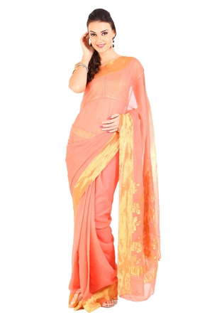 Picture of Salmon Orange Colour Chiffon Saree with Golden Zari Border