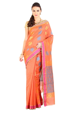 Picture of Orange Red Hand Woven Zari Striped Cotton Silk Shari Crafted with Artistic Mango Design