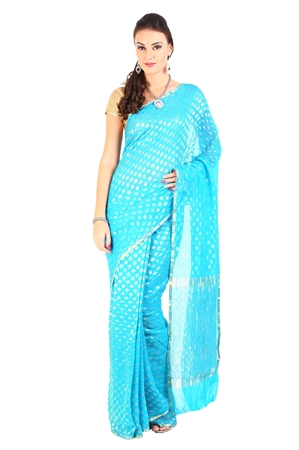 Picture of Turquoise Blue Color Chiffon Silk Saree with Golden Dot Shape Zari Design