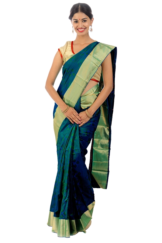 Picture of Spring Green Mysore Silk Saree in Brocade design with Rich Golden Zari Border