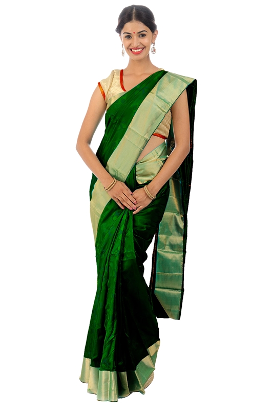 Picture of Spring Green Mysore Silk Saree in Brocade design with Rich Golden Zari Border