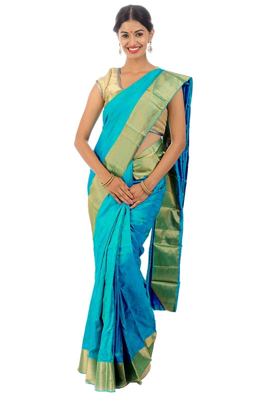 Picture of Spring Green Mysore Silk Saree in Brocade design with Rich Golden Zari Border