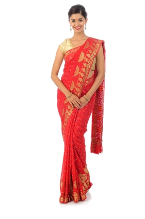 Picture of Red Color Georgette Silk Saree in Golden Zari Border with Bandhani Design