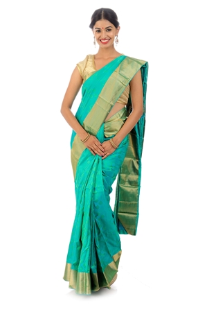 Picture of Spring Green Mysore Silk Saree in Brocade design with Rich Golden Zari Border