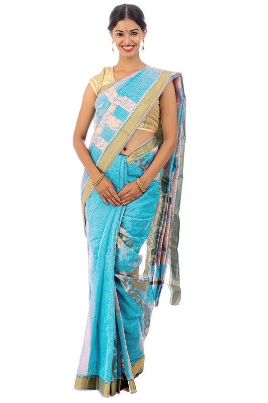 Picture of Dodger Blue Colored Hand Woven Cotton Shari Crafted with Lord Krishna Design