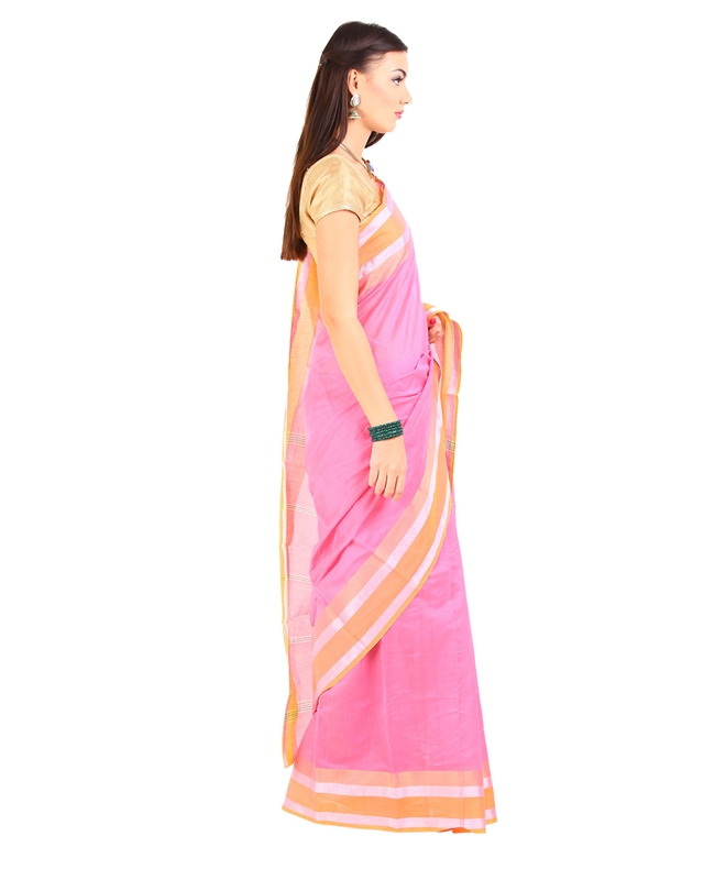 Picture of Shaded Pink Cotton Shari Woven with Contrast Zari Border