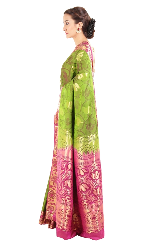 Picture of Parrot Green Color Kanchipuram/Kanjeevaram Silk Saree with Pink Border