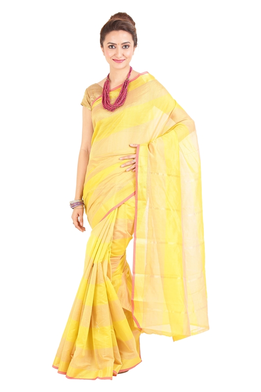 Picture of Lucent Yellow Pure Cotton Shari Designed with Striped Border