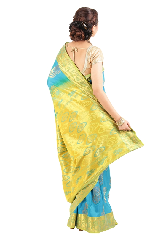 Picture of Sea Blue Colour Kanchipuram Designer Silk Saree with Leafy Art Motifs