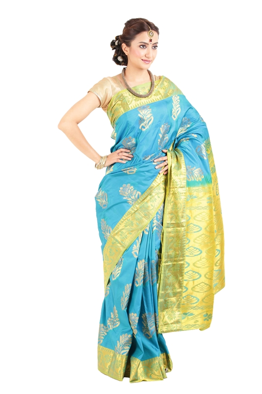 Picture of Sea Blue Colour Kanchipuram Designer Silk Saree with Leafy Art Motifs