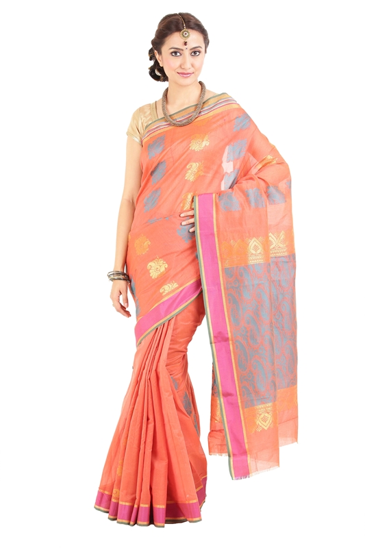 Picture of Orange Color Cotton and Silk Saree with Pink Border