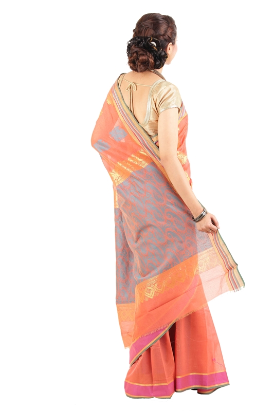 Picture of Orange Color Cotton and Silk Saree with Pink Border