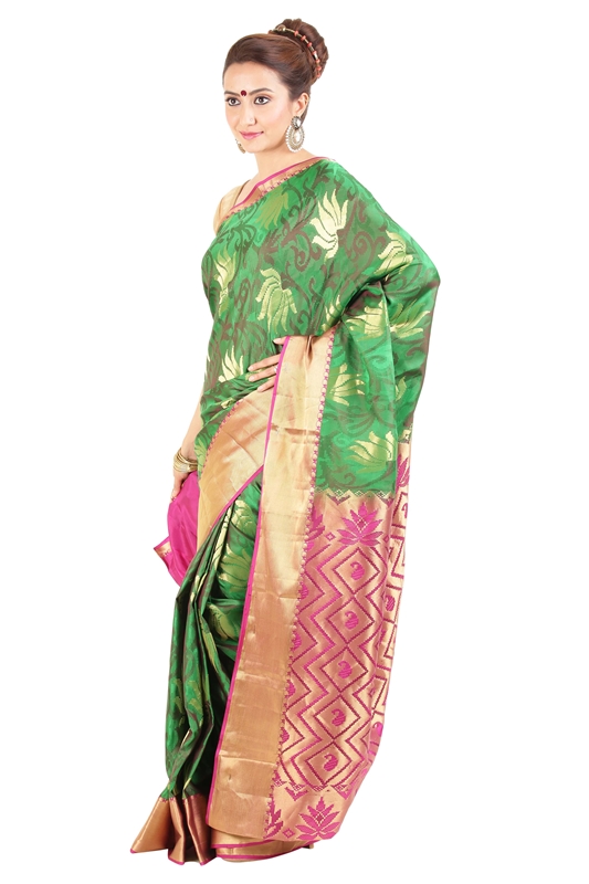 Picture of Green Banarasi Silk Saree with Lotus Design Motifs