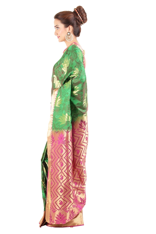 Picture of Green Banarasi Silk Saree with Lotus Design Motifs