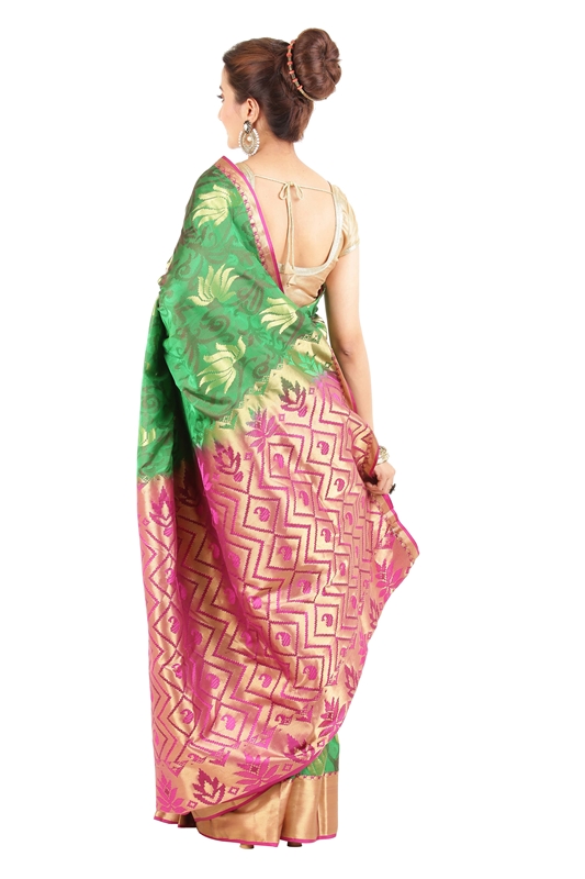 Picture of Green Banarasi Silk Saree with Lotus Design Motifs