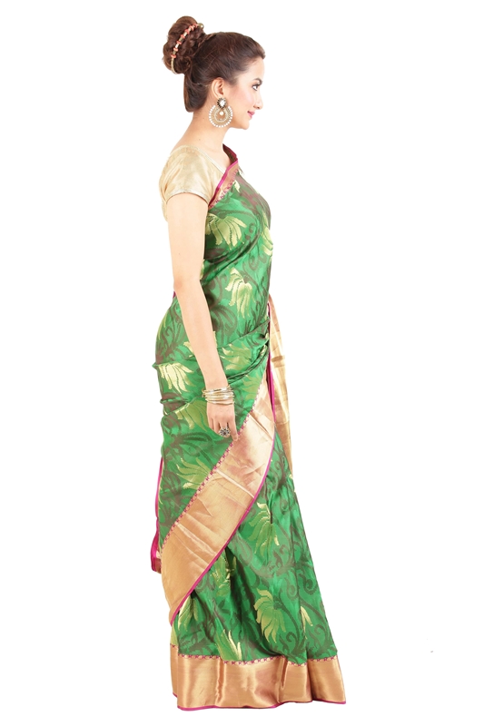 Picture of Green Banarasi Silk Saree with Lotus Design Motifs