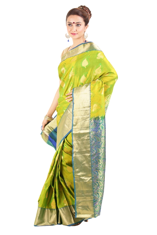 Picture of Crimson Yellow & Teal Green Pure Silk Bridal Shari Crafted with Artistic Leafy Motives