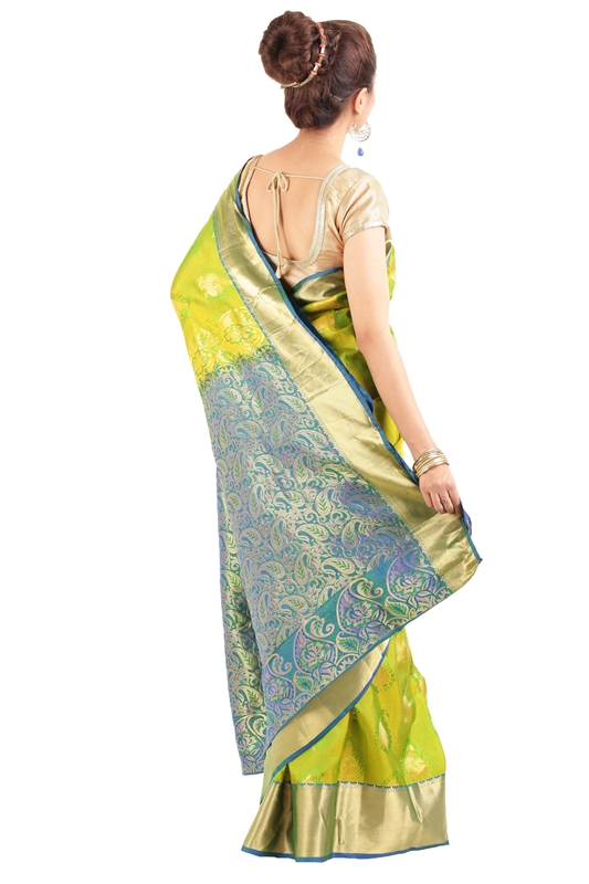 Picture of Crimson Yellow & Teal Green Pure Silk Bridal Shari Crafted with Artistic Leafy Motives