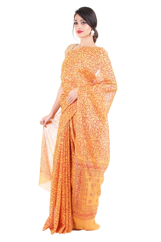 Picture of Yellow Color Printed Silk Saree with Orange Color Motif Designs