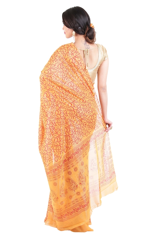 Picture of Yellow Color Printed Silk Saree with Orange Color Motif Designs