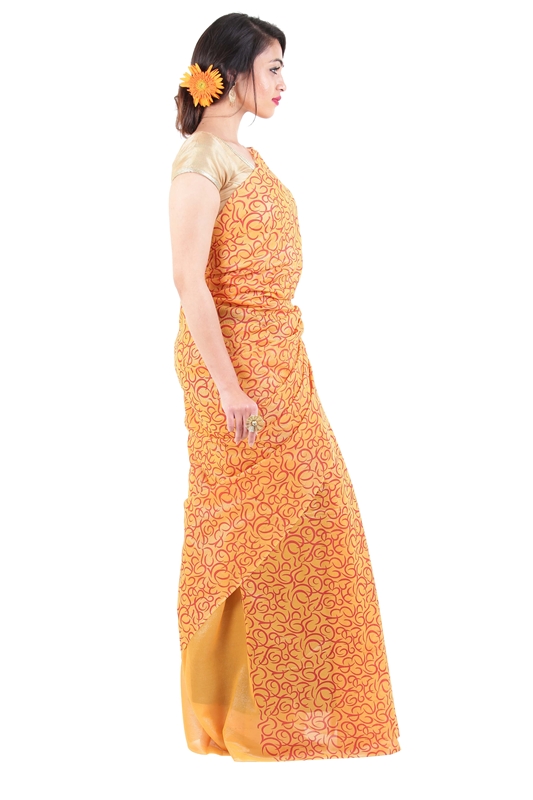 Picture of Yellow Color Printed Silk Saree with Orange Color Motif Designs