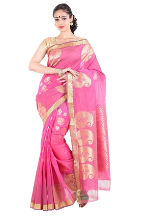 Picture of Dark Pink Pure Silk Cotton Shari Carved with Curvy Mango Motives & Artistic Designs