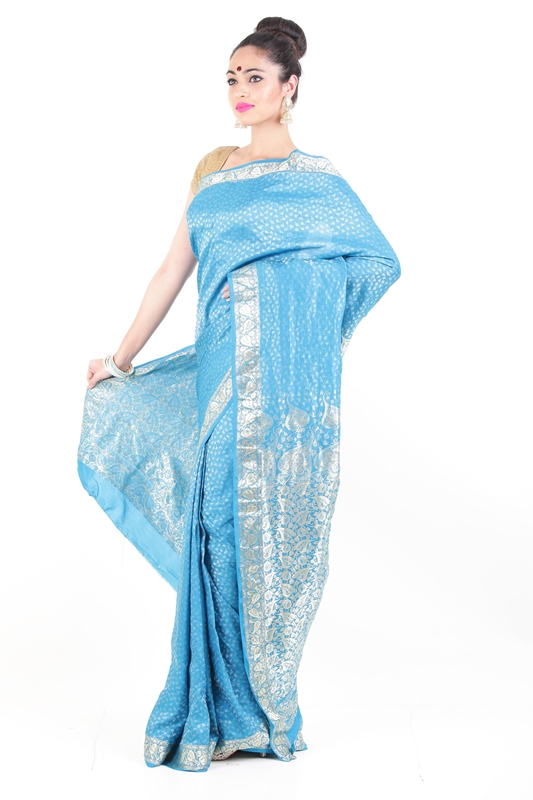 Picture of Sky Blue Banarasi Silk Saree with Silver Peepal Leaf Design Border