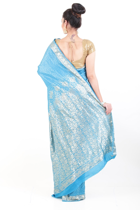 Picture of Sky Blue Banarasi Silk Saree with Silver Peepal Leaf Design Border