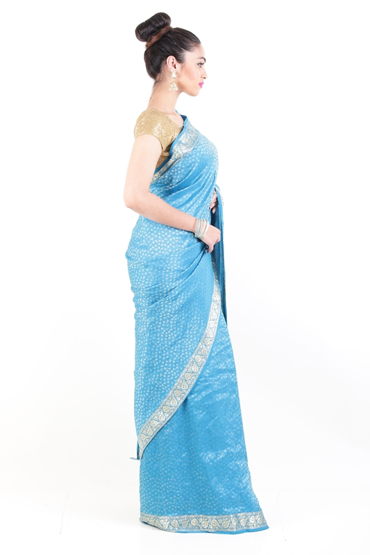 Picture of Sky Blue Banarasi Silk Saree with Silver Peepal Leaf Design Border