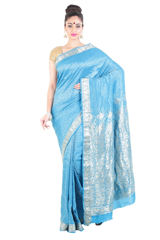 Picture of Sky Blue Banarasi Silk Saree with Silver Peepal Leaf Design Border