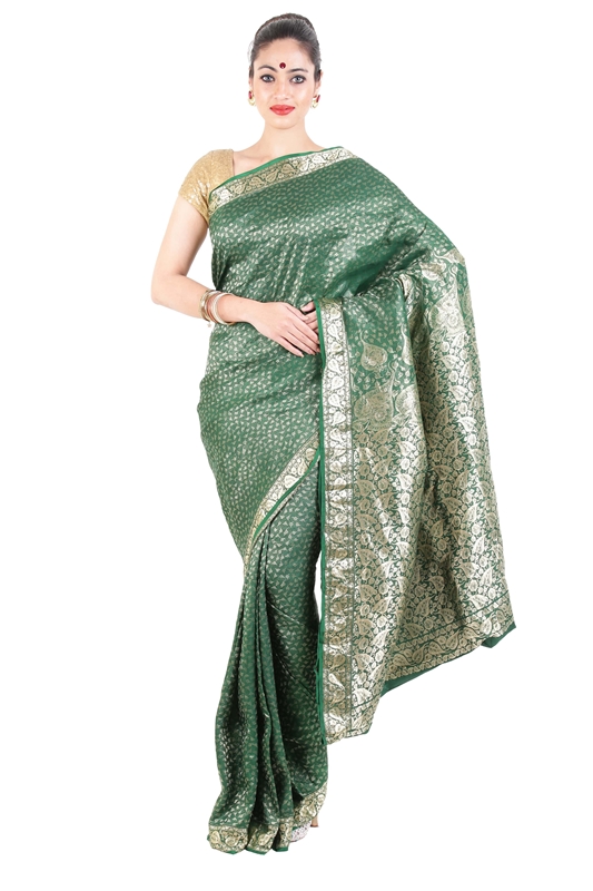 Picture of Dark Green Handwoven Banarasi Silk Saree with Peepal Leaf Silver Zari Design Border