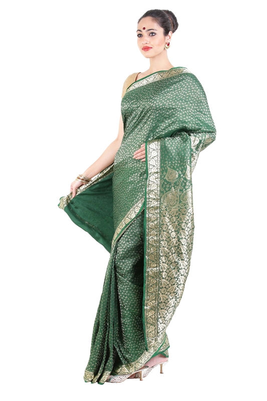 Picture of Dark Green Handwoven Banarasi Silk Saree with Peepal Leaf Silver Zari Design Border