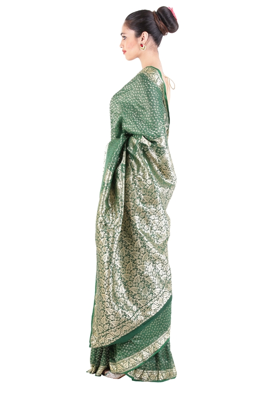 Picture of Dark Green Handwoven Banarasi Silk Saree with Peepal Leaf Silver Zari Design Border