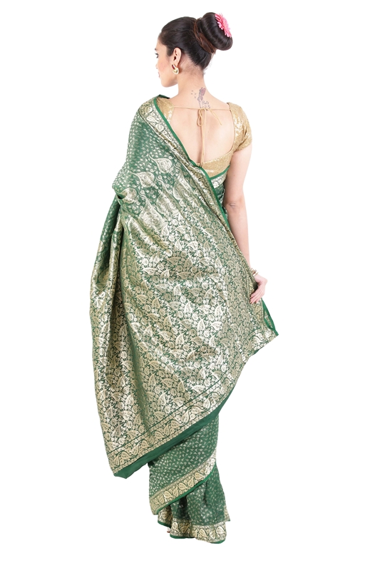 Picture of Dark Green Handwoven Banarasi Silk Saree with Peepal Leaf Silver Zari Design Border