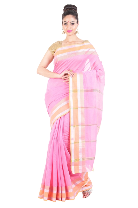 Picture of Light Pink Pure Cotton Shari Artistically Carved with Striped Zari Border