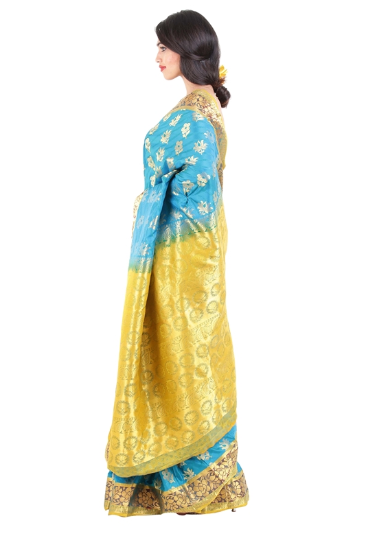 Picture of Turquoise Blue Color Kanchipuram Silk Saree with Lotus Motifs