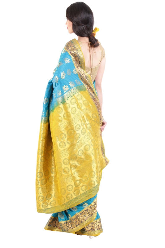 Picture of Turquoise Blue Color Kanchipuram Silk Saree with Lotus Motifs