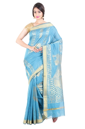 Picture of Sky Blue Pure Cotton Shari Crafted with Artistic Lord Krishna & Flowery Motives