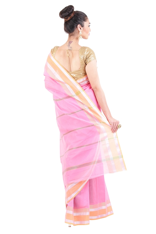 Picture of Light Pink Pure Cotton Shari Artistically Carved with Striped Zari Border